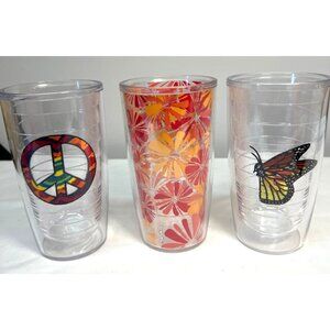 Set Of 3 Tervis Tumblers With Peace Sign Butterfly & Floral Designs  16 Oz Dishw